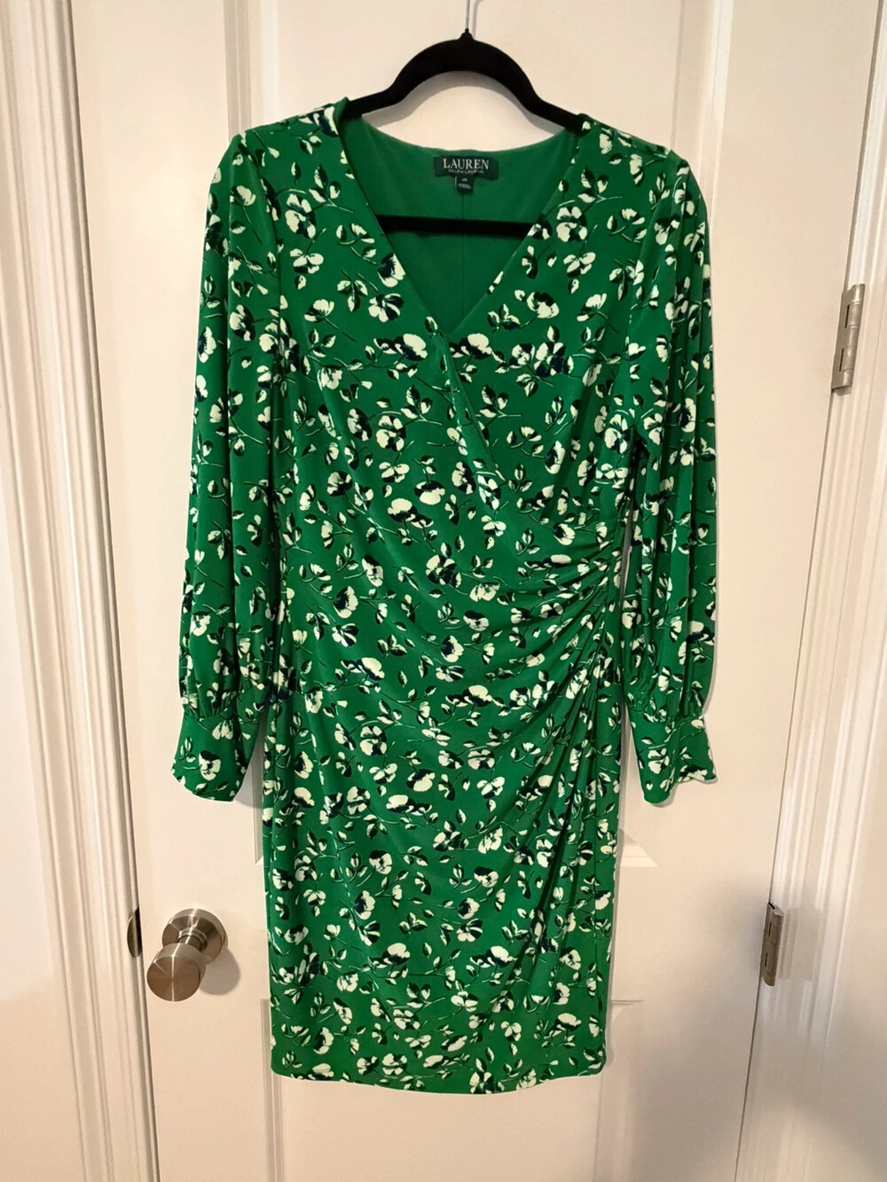 Ralph Lauren floral green v neck ruched faux wrap dress